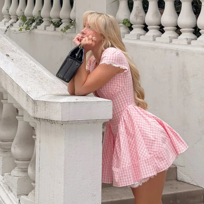 Plaid Print Puff Sleeve V-Neck Bow Flare Mini Dress