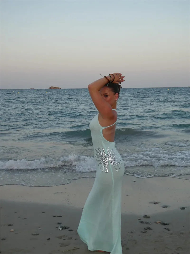 Sequins Embroidered Knit Maxi Dress