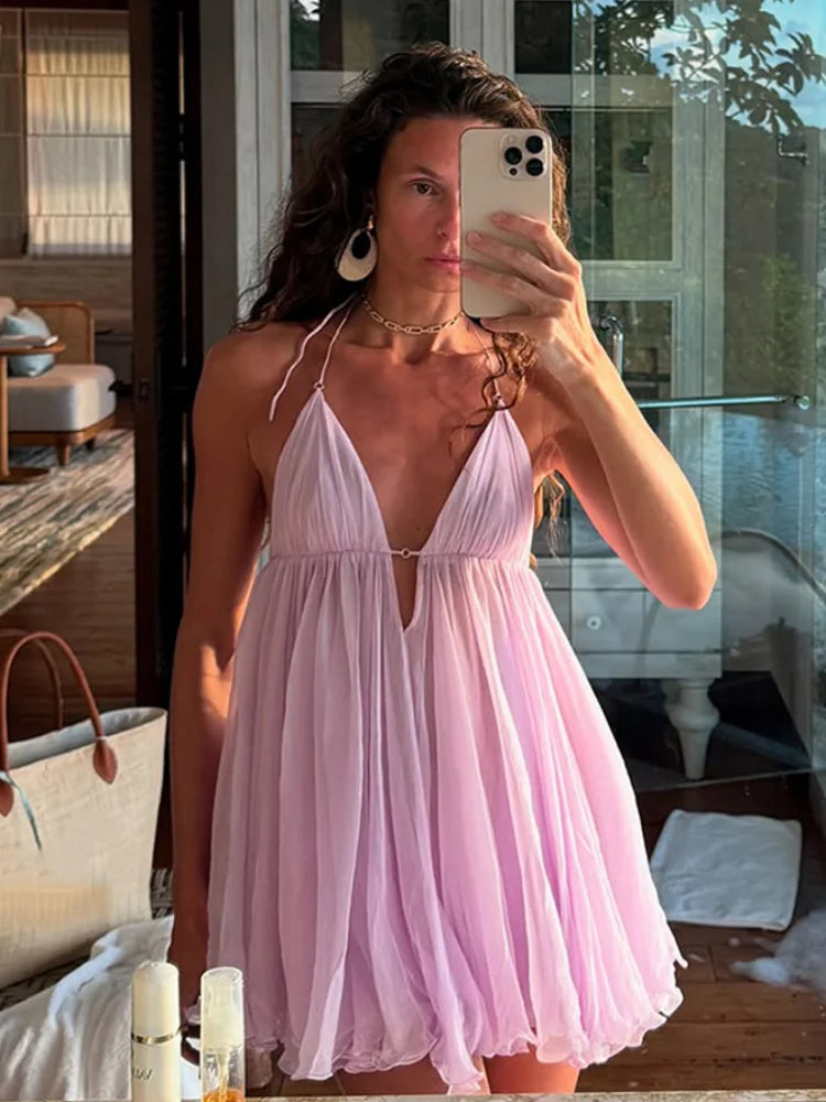 Chiffon Strap Mini Flare Dress - V-Neck A-Line