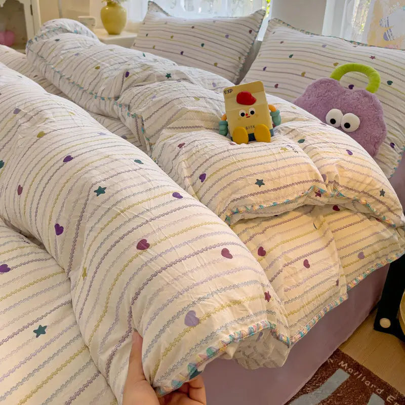 Ins Bedding Set Purple Love Stripe Double Layer Yarn Four Piece Dormitory Girl Heart Bed Sheet And Quilt Set Washed Cotton