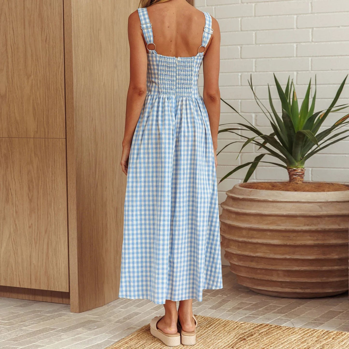 Gingham Strap Pocket Midi Dress