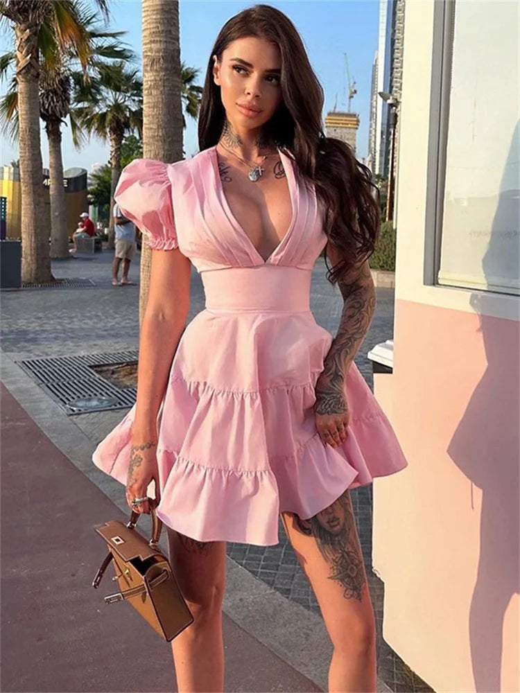 Deep Neck Puff Sleeve Mini Dress