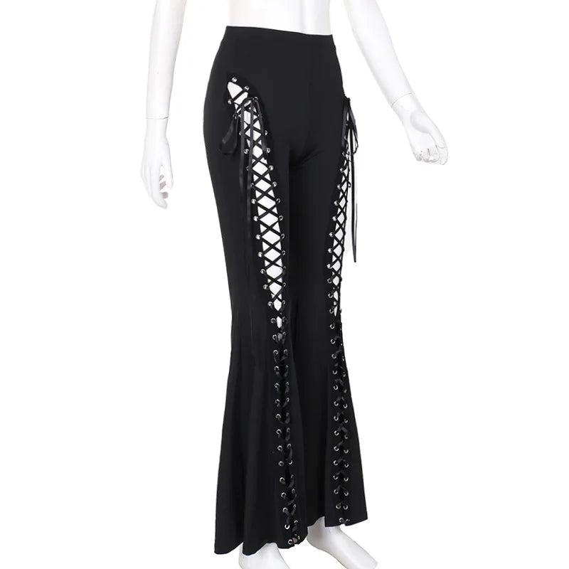 Black Lace Up Flared Pants