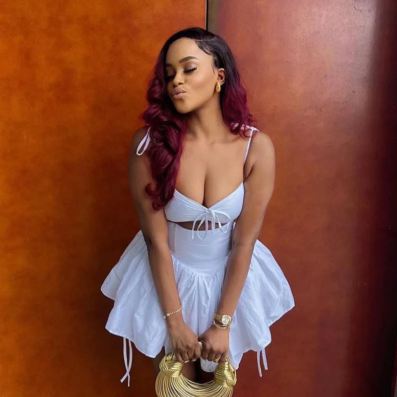 Tie Up Cut Out White Flare Mini Dress