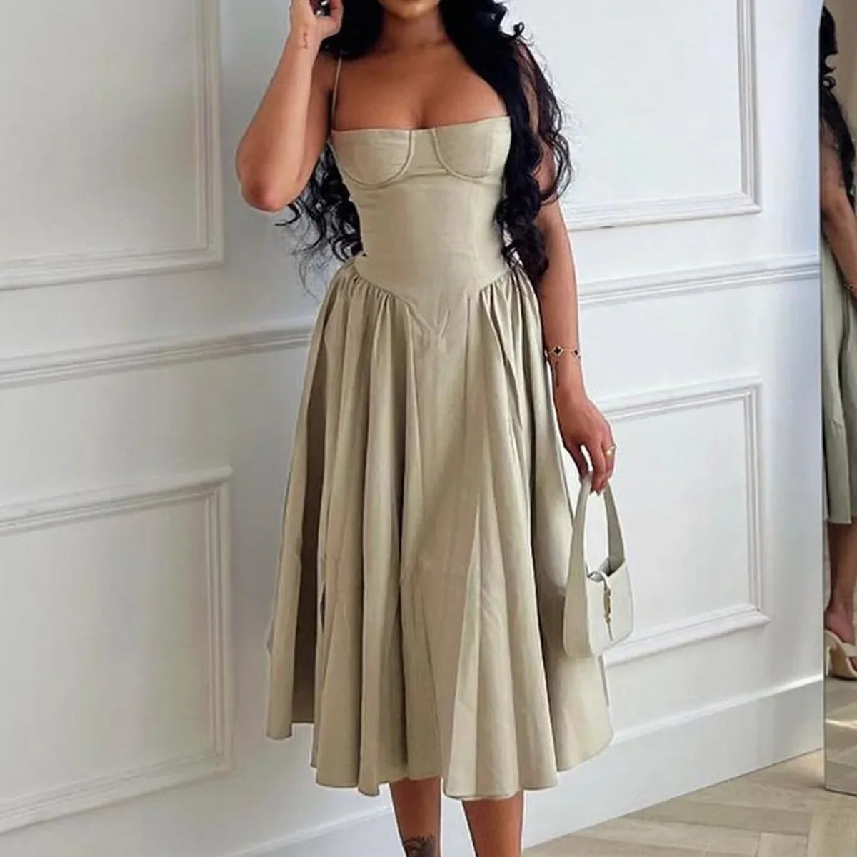 Solid Spaghetti Strap Bustier Pleated Midi Dress