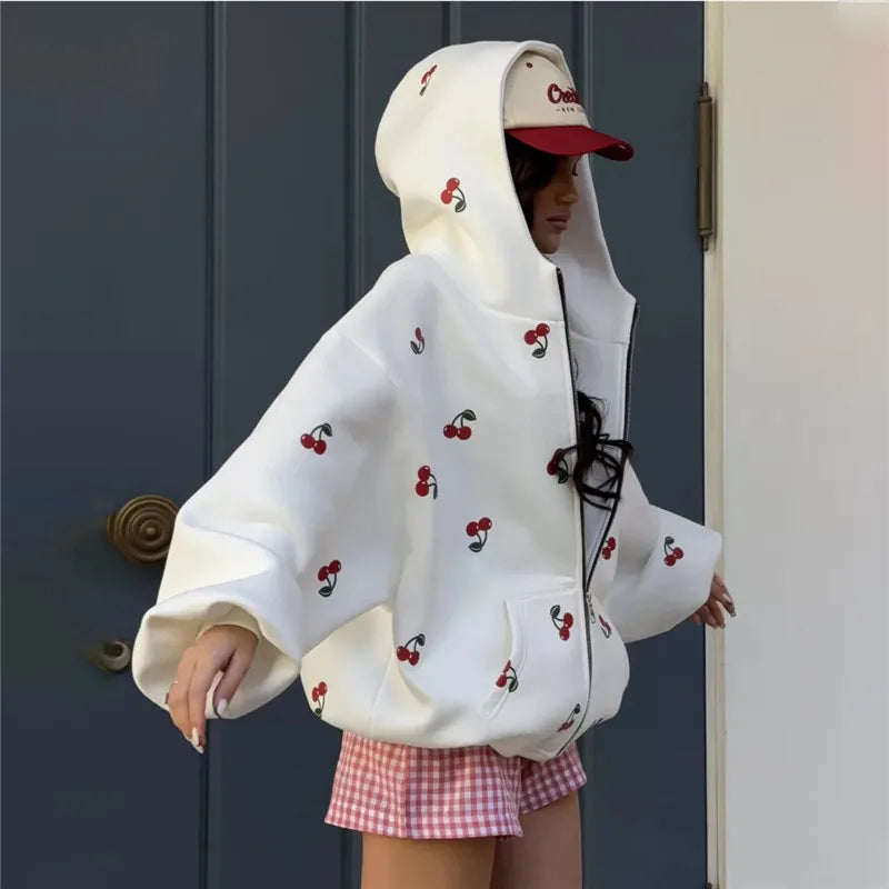 Cherry Print Zip Up Hoodie
