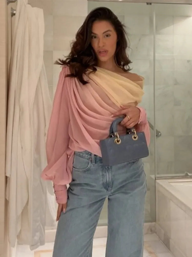 Ombré One Shoulder Long Sleeve Top