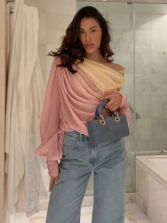 Ombré One Shoulder Long Sleeve Top