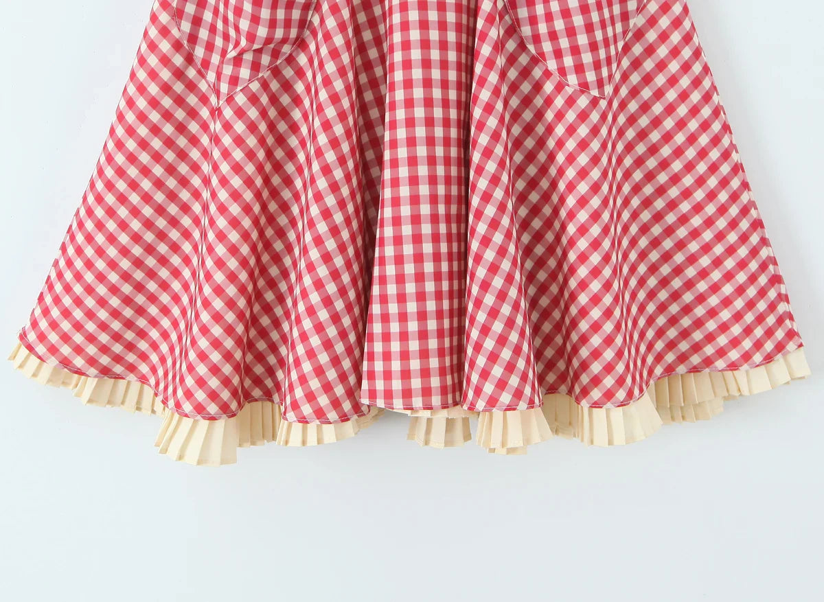Red Plaid Print Heart Shaped Pocket Halter Mini Dress