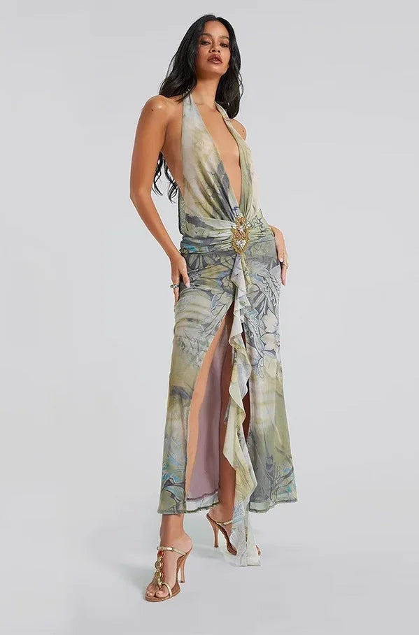 Printed Deep V-neck Maxi Dress