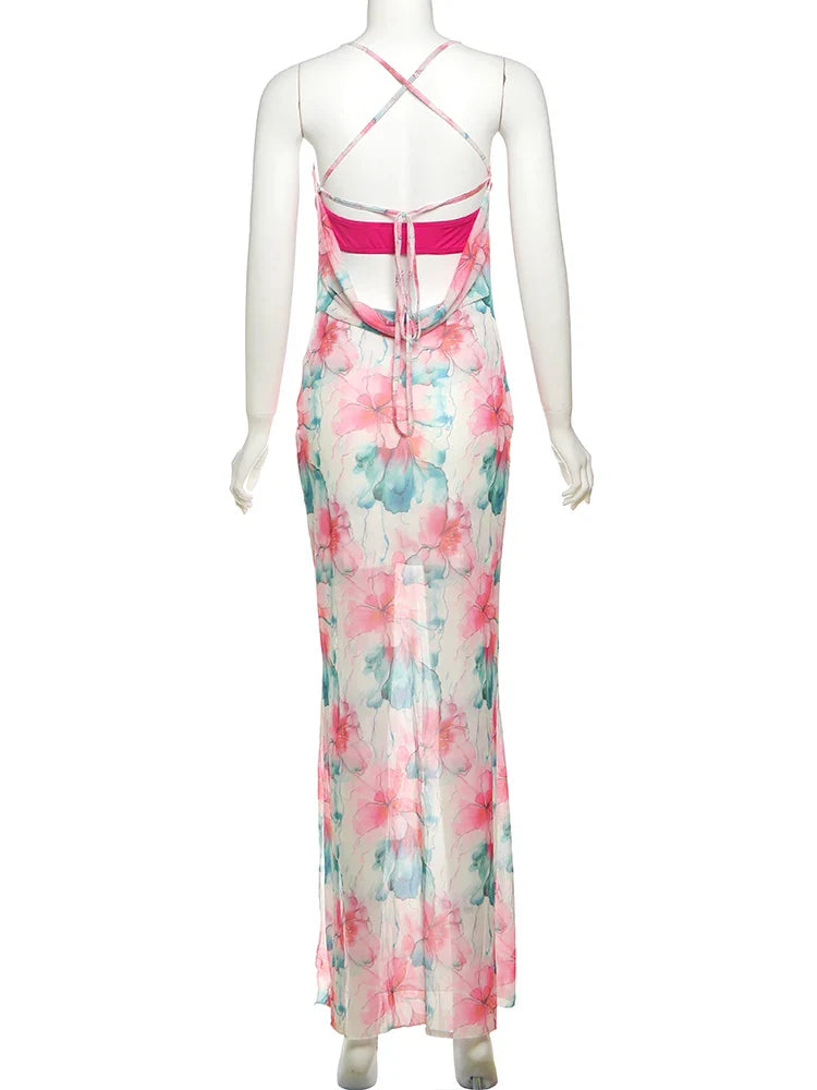 Floral Printed Mesh Bralette Maxi Dress