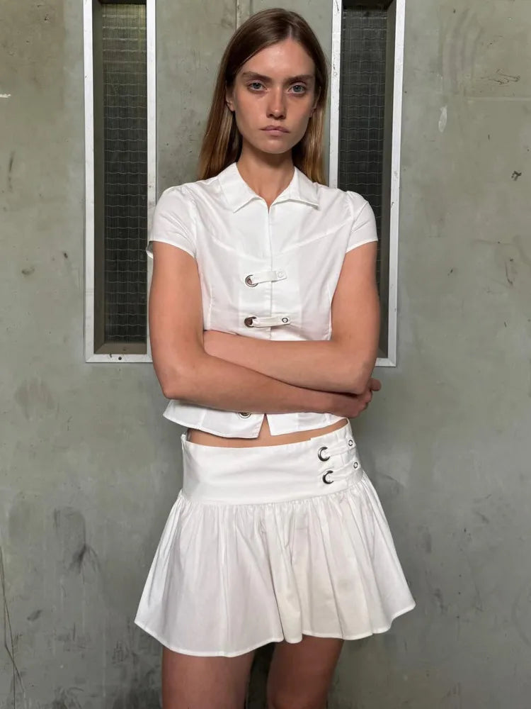 Polo Collar Short Sleeve Top And Mini Skirt Set