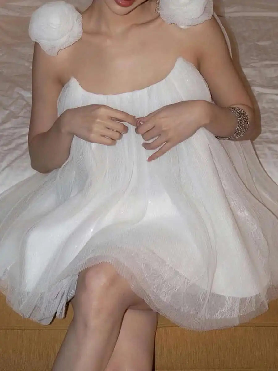 White Mesh Flower Appliqués Frill Mini Dress