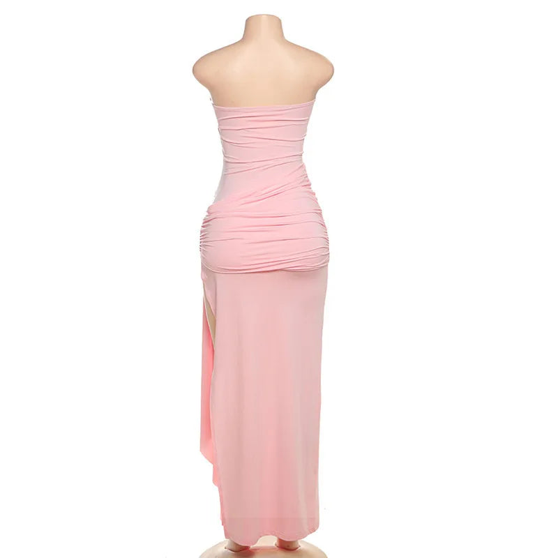 Strapless Pink Tie Up Mesh Midi Dress