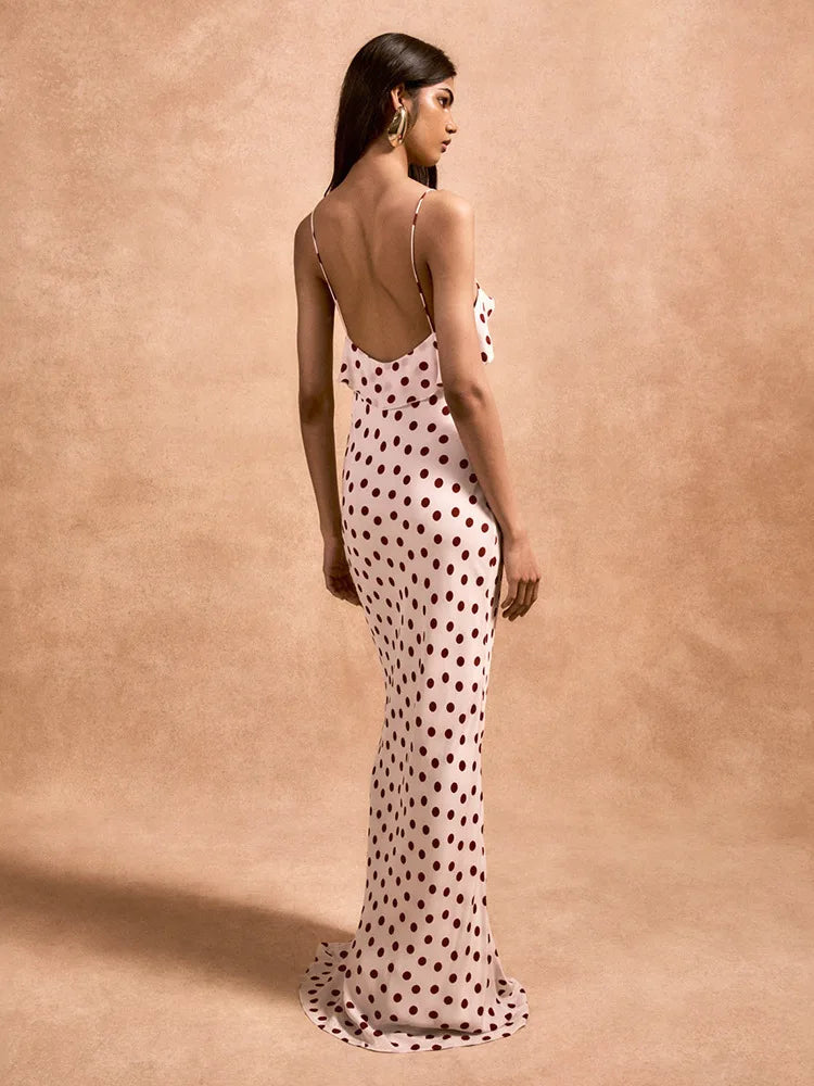 Rose Polka Dot Ruffle Strappy Maxi Dress