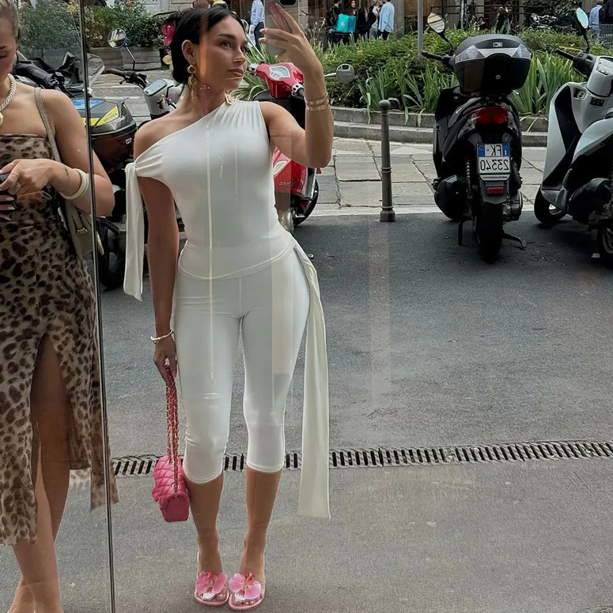 White One Shoulder Tie Up Top And Knee Length Pant Set