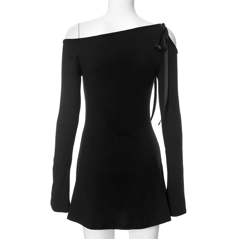 Long Shoulder Tie Up Hollow Out Mini Dress