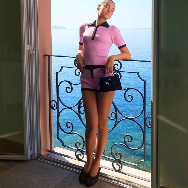 Knit Contrast Trim Polo Collar Top And Shorts Set