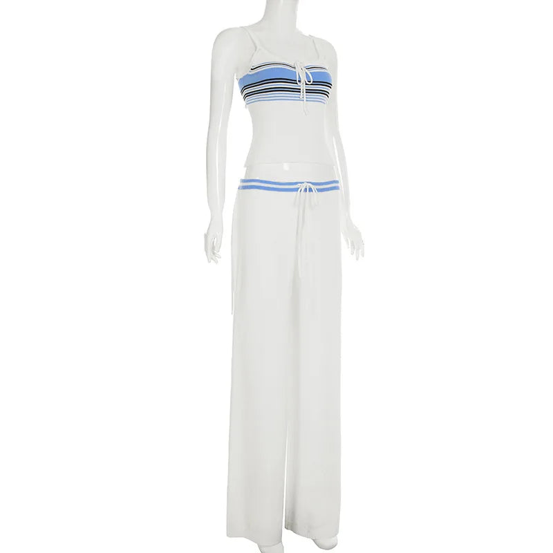 White Contrast Stripes Knitted Cami Top And Pants Set