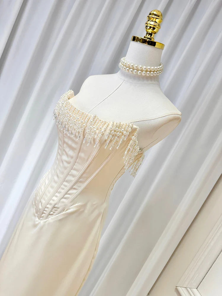 Satin Pearl Tassel Corset Tube Midi Dress