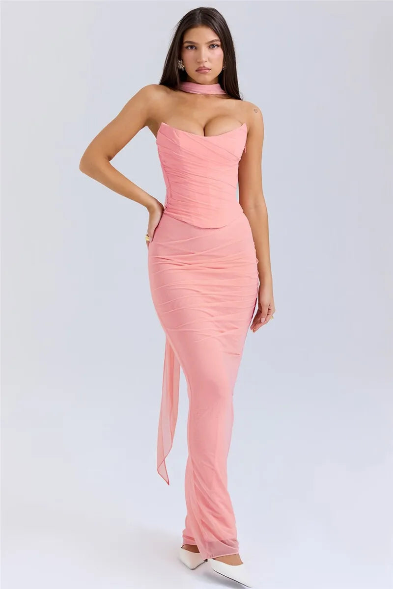 Solid Ruched Corset Top And Body-con Maxi Dress With Scarf Set