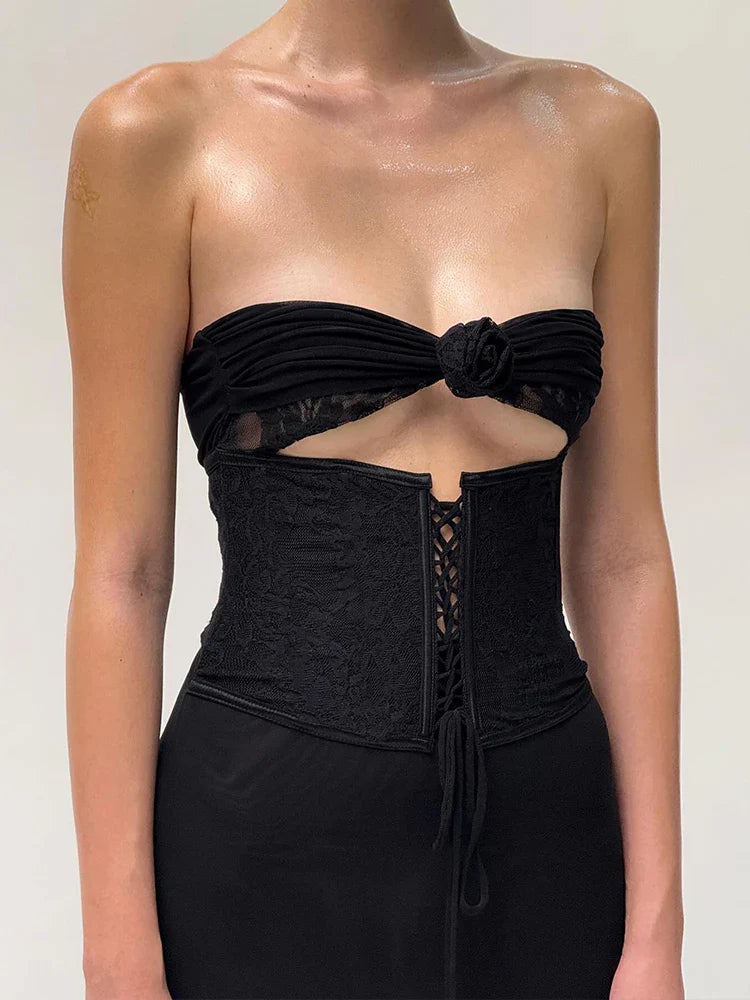 Strapless Cut Out Mesh Corset Ruffles Maxi Dress