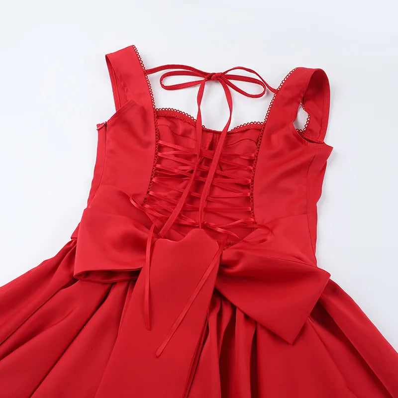 Red Back Lace Up Bow Mini Dress