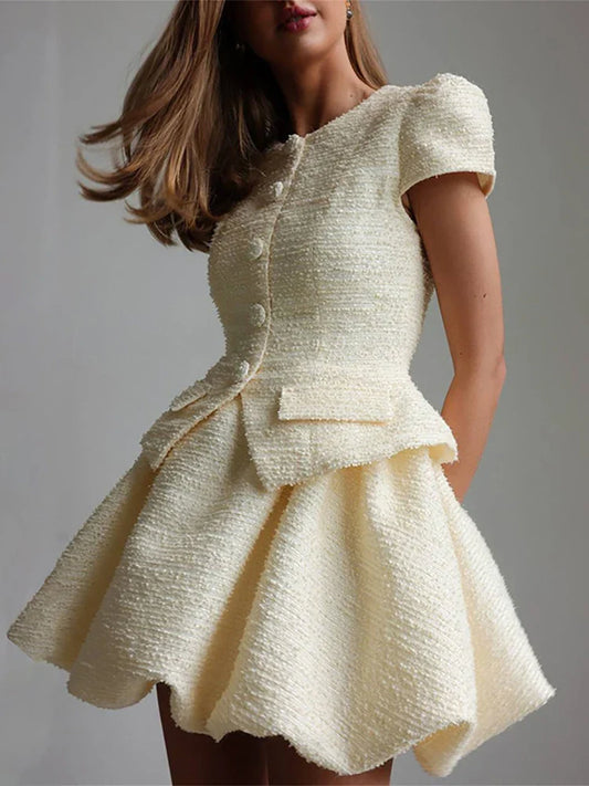 Beige Tweed Short Sleeve Top And Puff Mini Skirt Set
