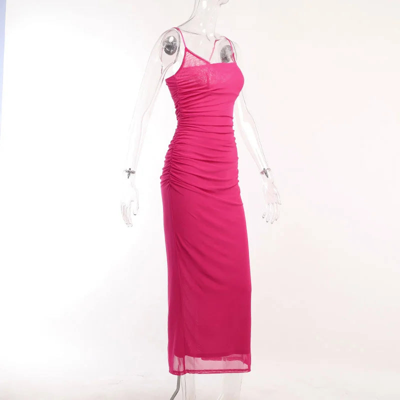 Mesh Pink Ruched Bodycon Strap Midi Dress