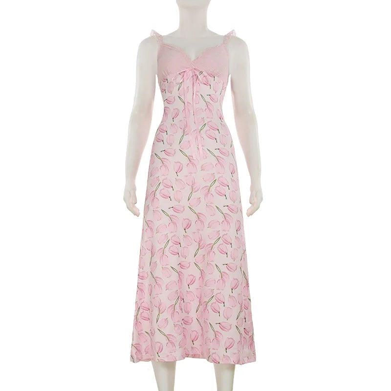 Pink Tulip Print Lace Strap Midi Dress