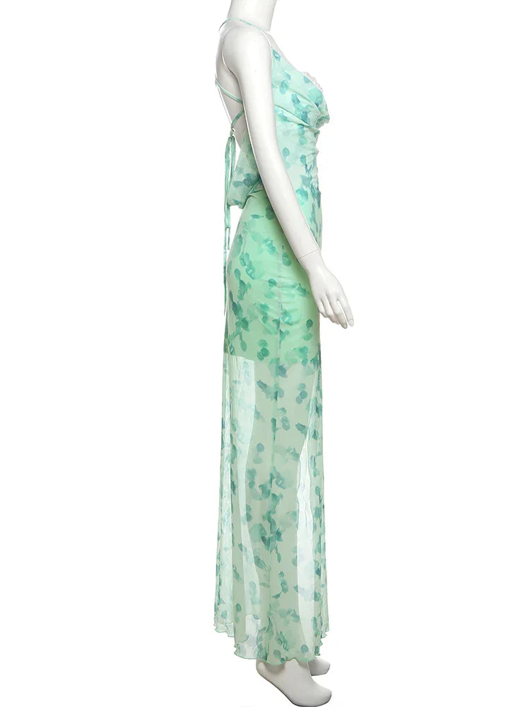 Floral Printed Mesh Bralette Maxi Dress