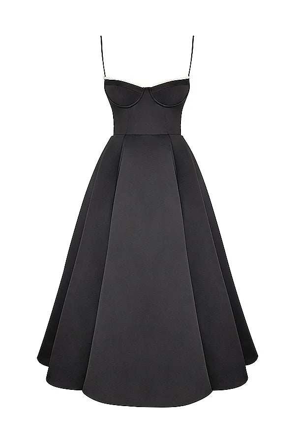 Satin Bustier Strap Tulle Midi Dress