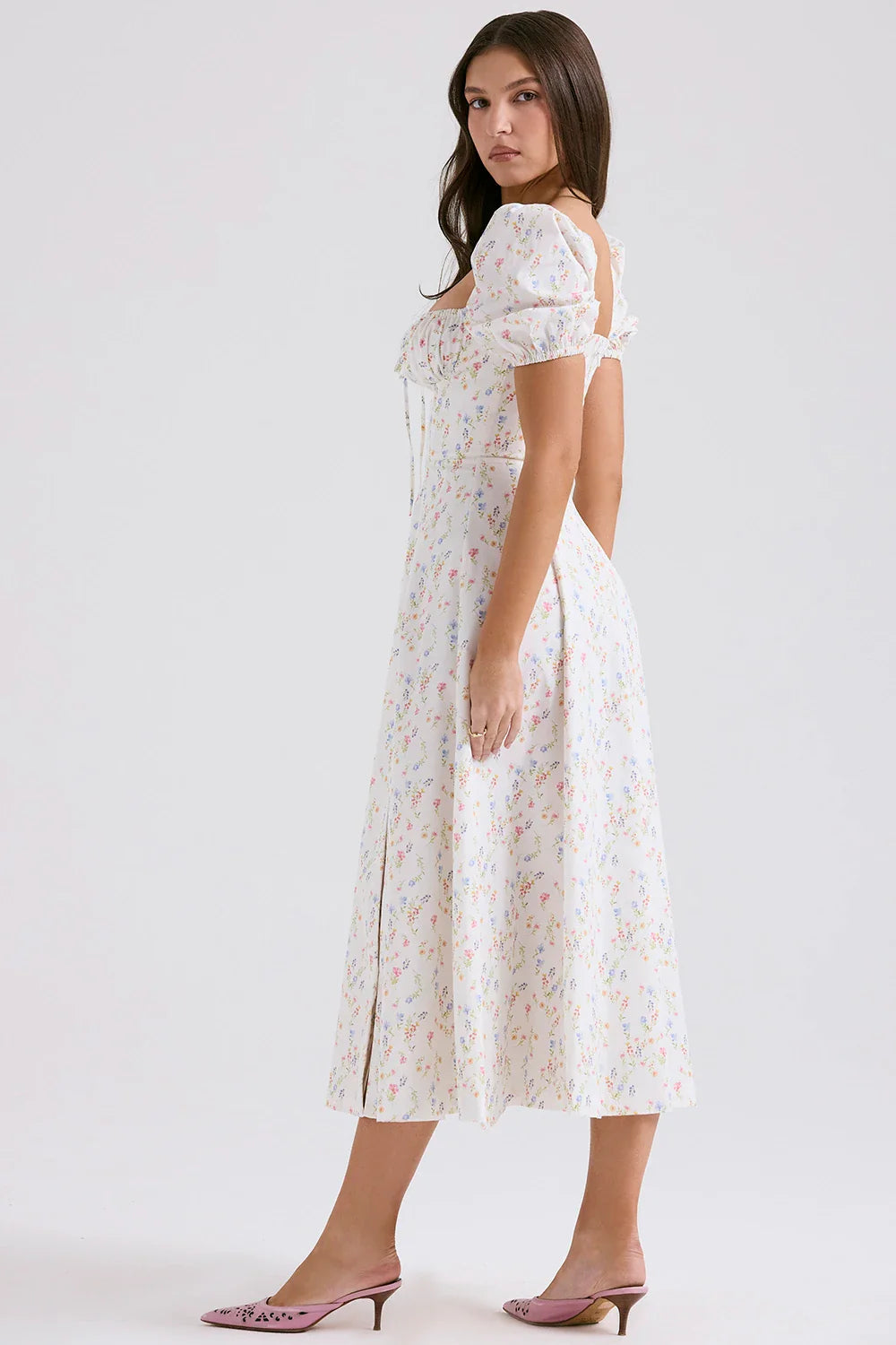 Puff Sleeves Floral Printed Midi Dress