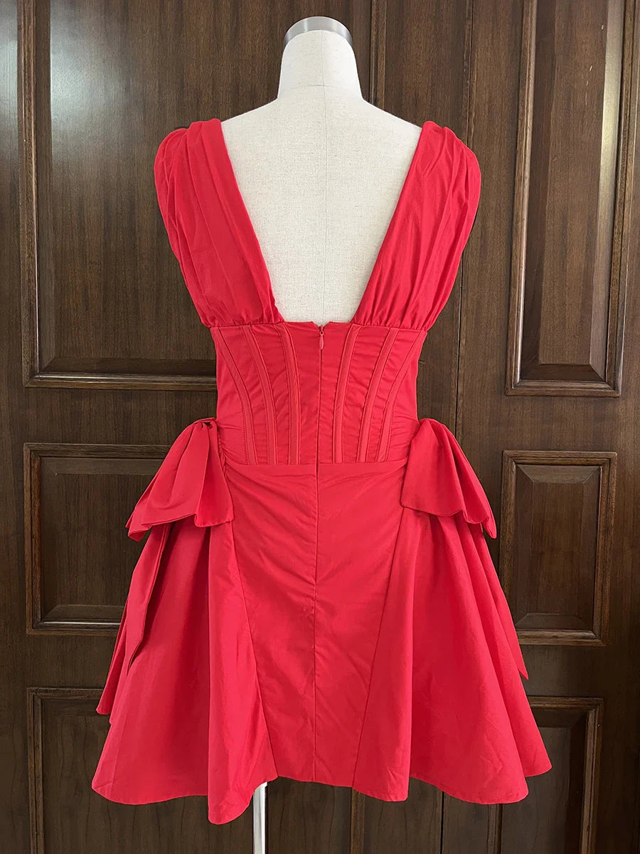 Red V-neck Pleated Mini Dress