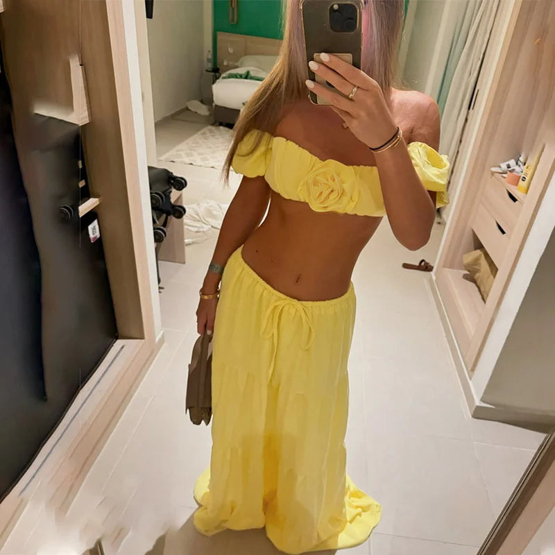 Flower Puff Sleeve Ruffles Crop Top And Maxi Skirt Set