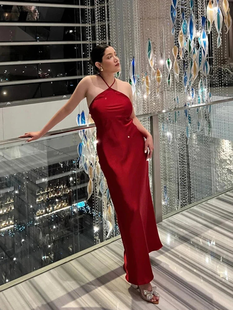 Red Satin Halter Maxi Dress