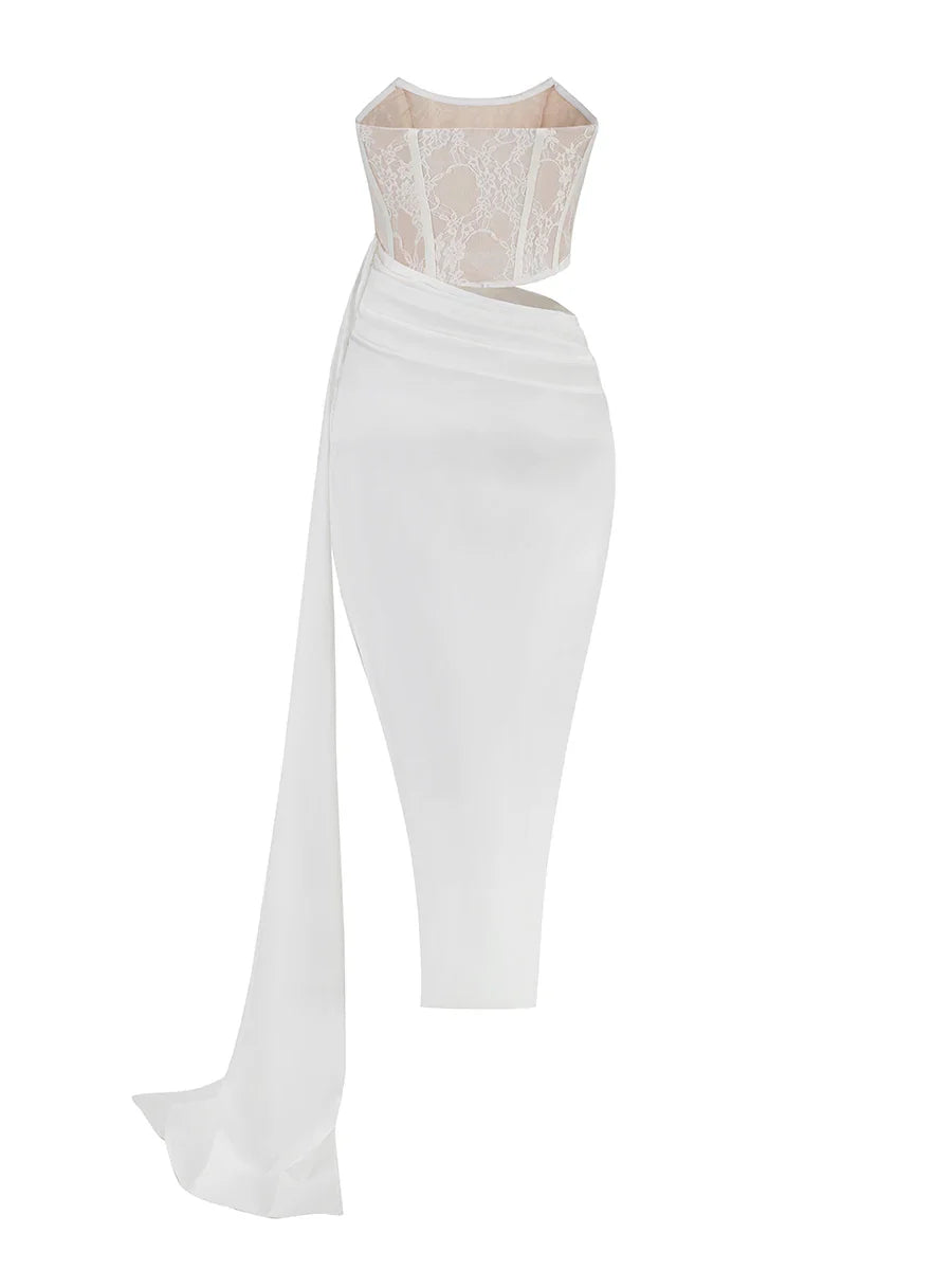 Lace Corset Cut Out Satin Draped Gloves Midi Dress