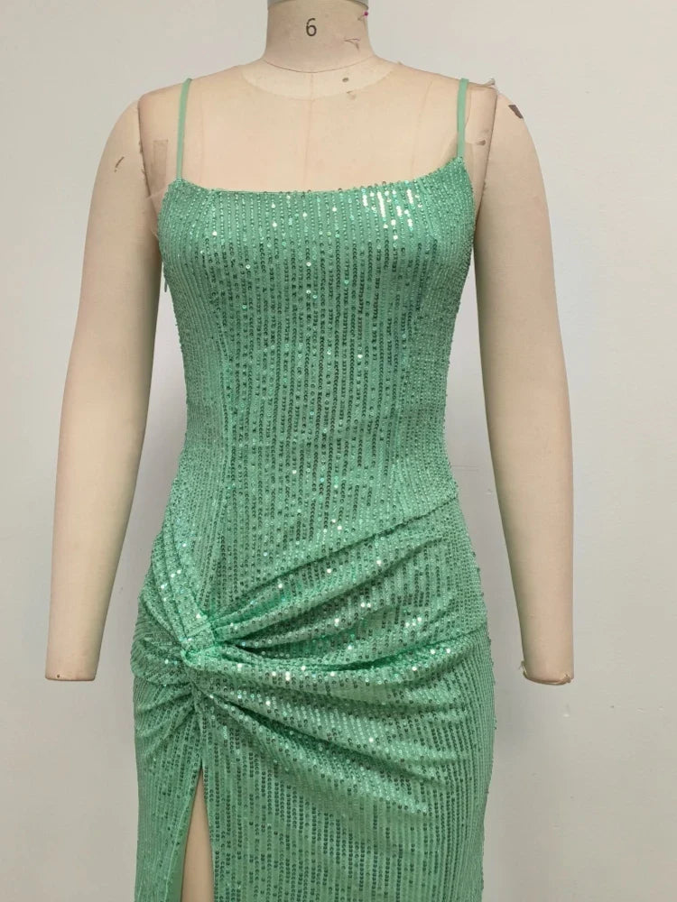 Sequin Spaghetti Strap High Split Long Dress