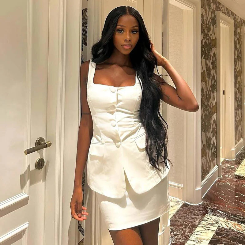 Buttoned Vest And Mini Skirt Set