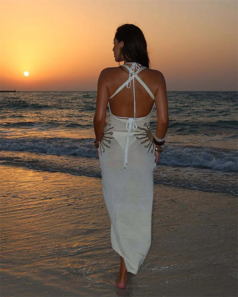 Sequins Embroidered Knit Maxi Dress