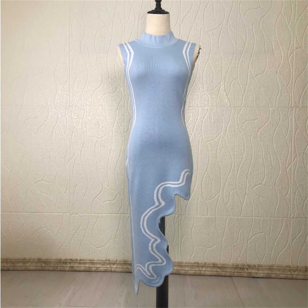 Asymmetrical Wavy Hem Round Collar Knit Midi Dress