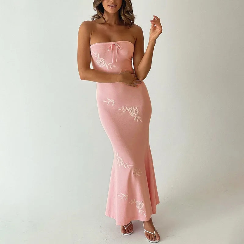 Pink Rose Embroidery Strapless Maxi Dress