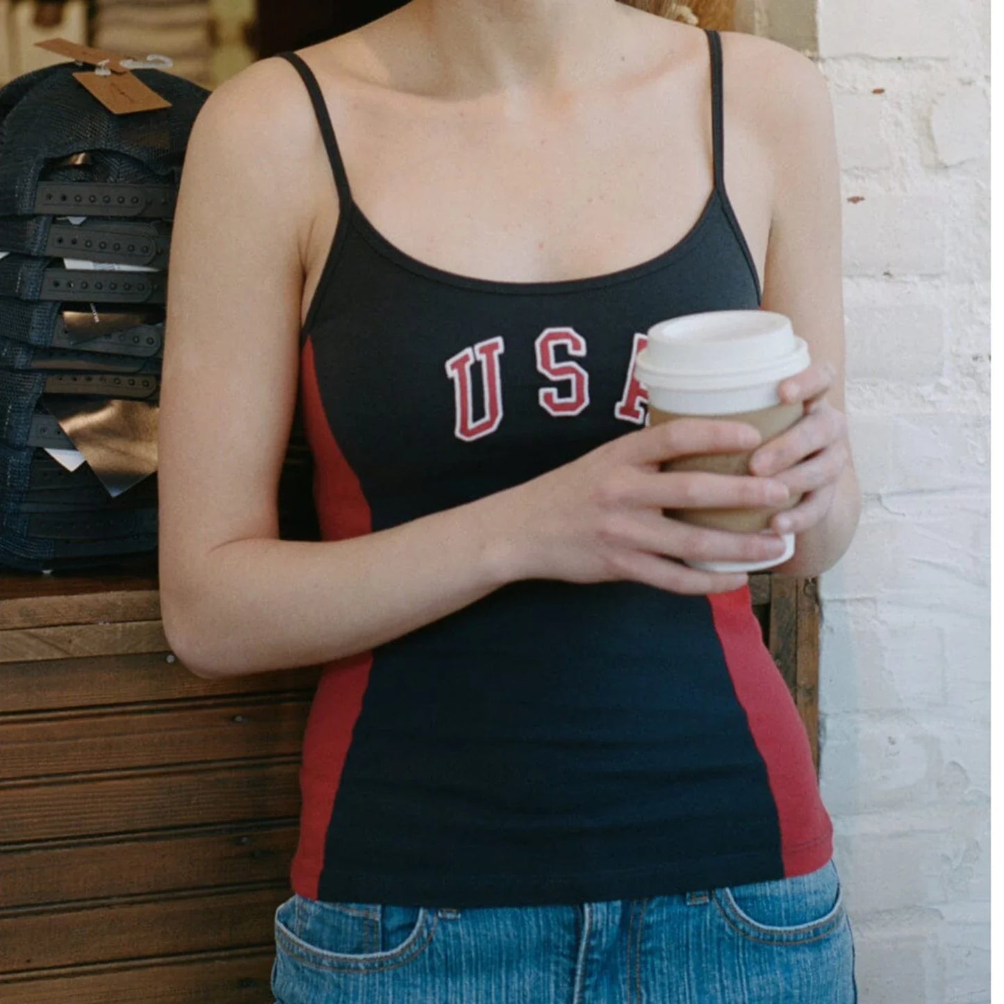 USA Print Contrast Spaghetti Strap Top - Y2K Cami