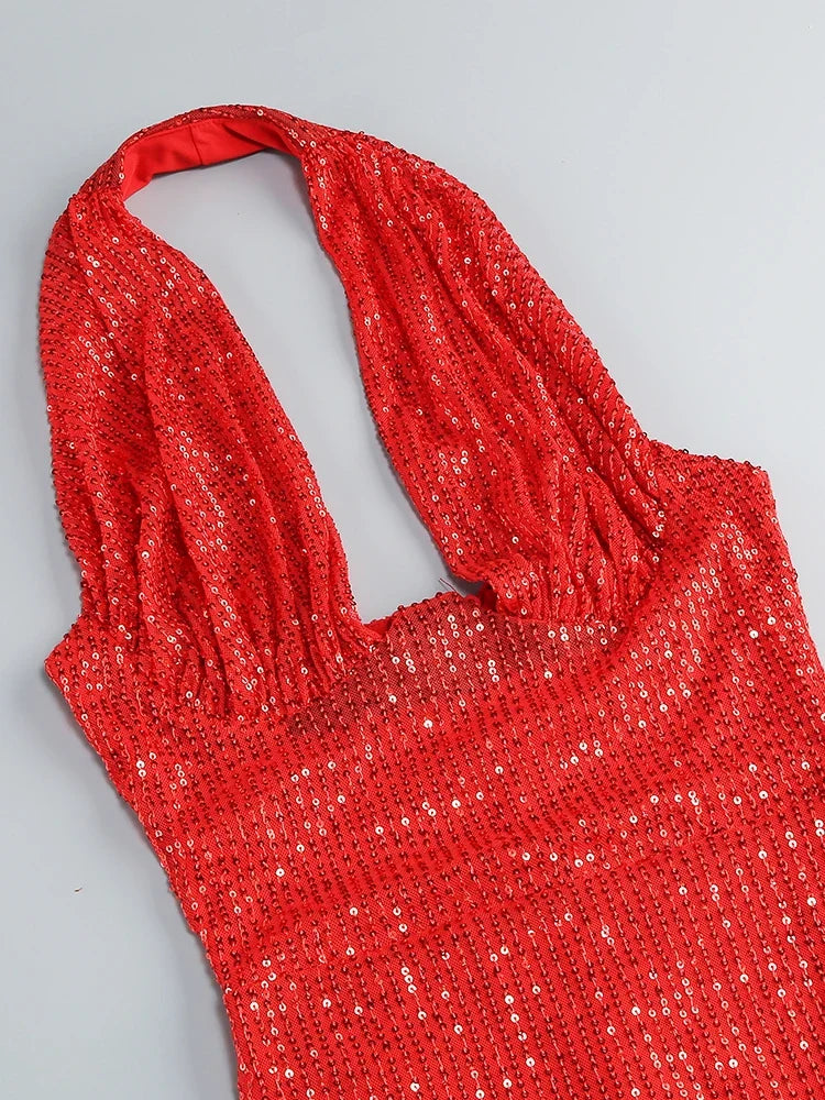 Sequin Halter Deep Neck Maxi Dress