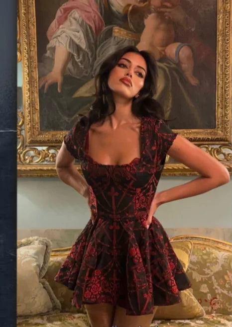 Floral Printed Square Collar Short Sleeve Mini Dress