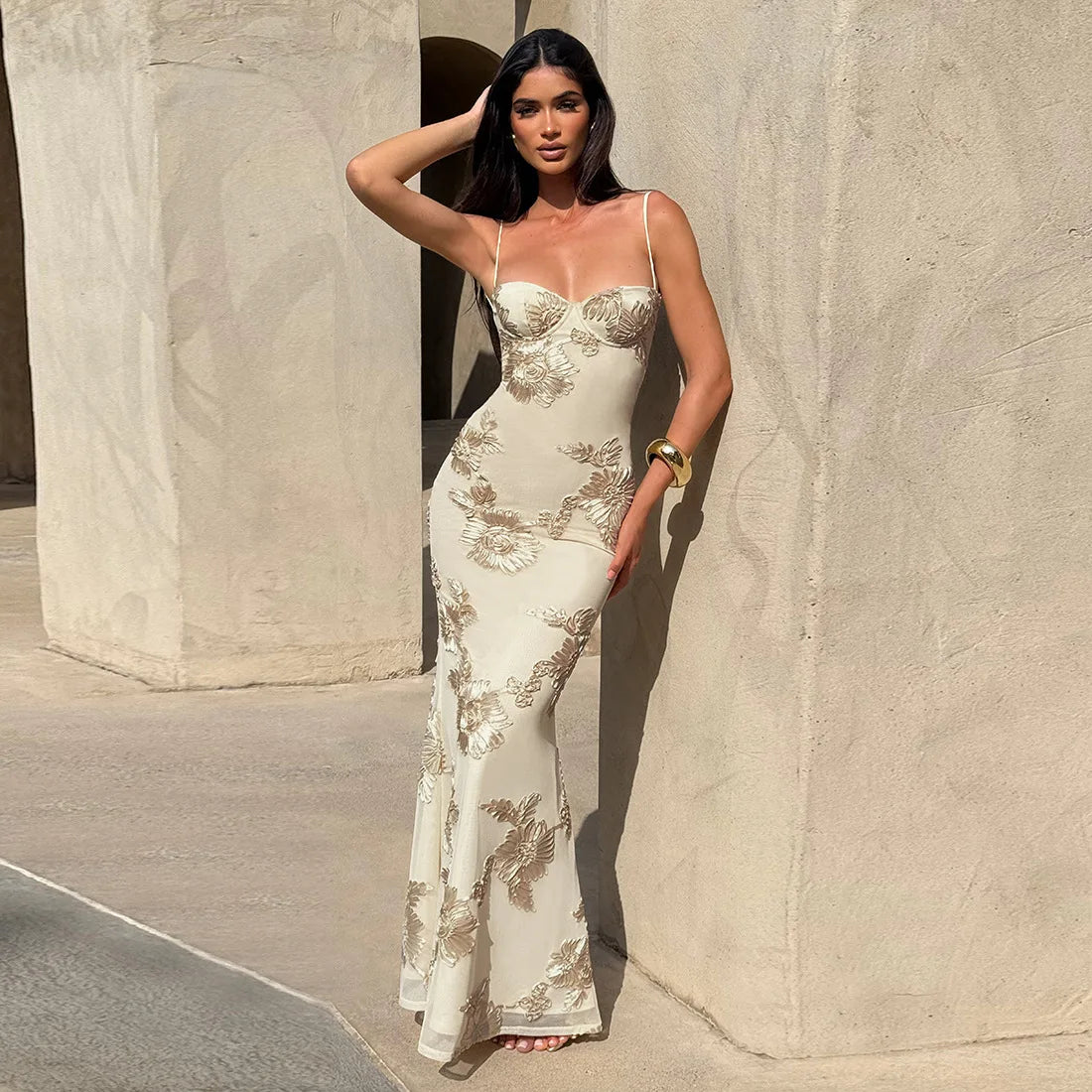 Open Back Lace Up Embroidred Flower Maxi Dress