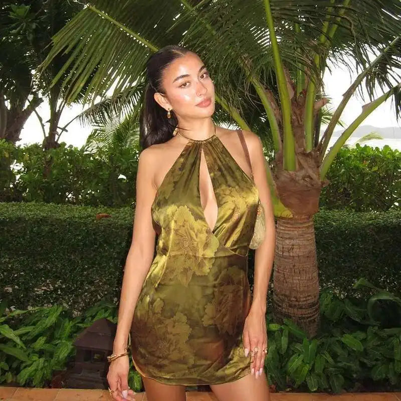 Green Printed Open Back Halter Mini Dress