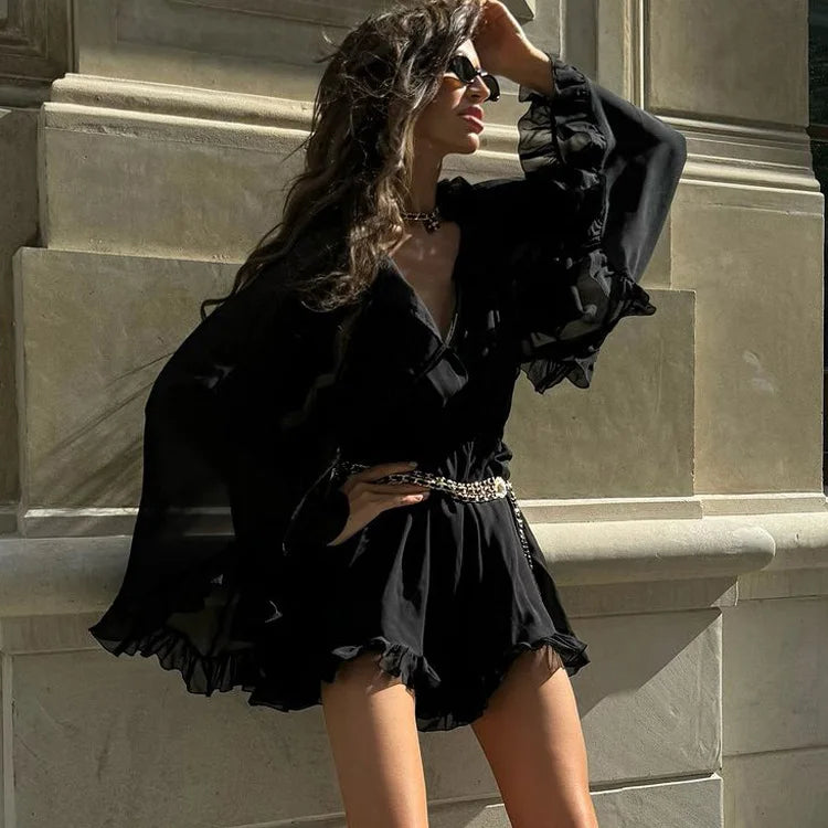 Black Ruffles Mesh Long Sleeve Mini Dress