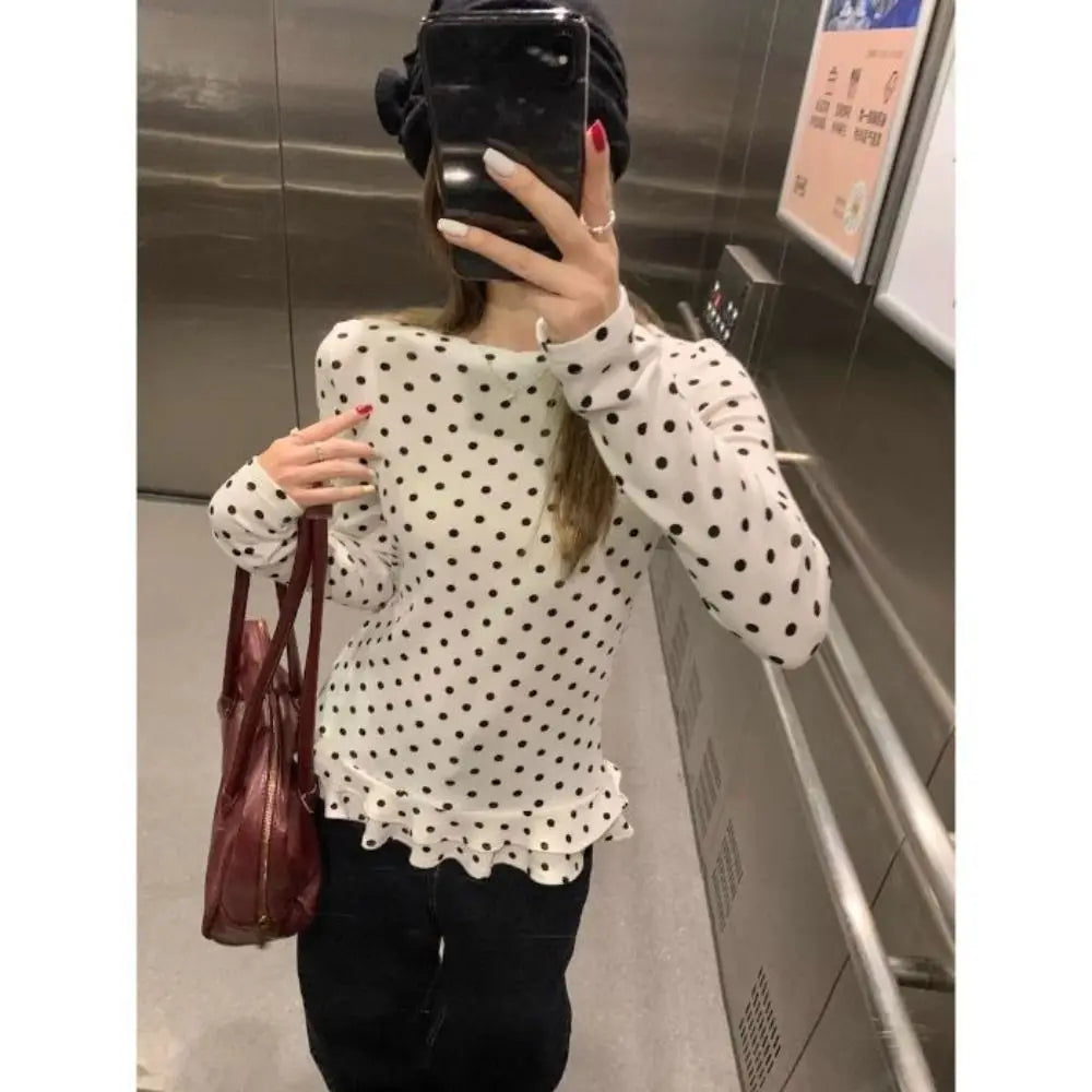 Polka Dot Ruffle Trim Long Sleeve T-Shirt