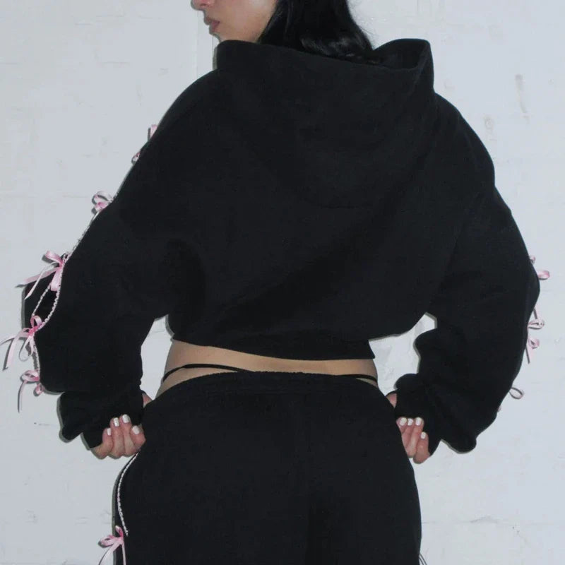 Ribbion Cut Out Design Zipper Crop Hoodie